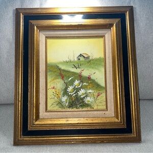 Vintage 1970s  Oil Painting Cabin In Meadow Farmhouse Wild Flowers Signed